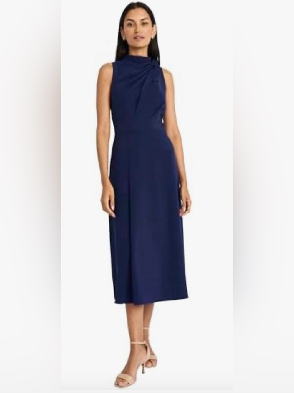 Maggy London Sleeveless Midi Dress - High Mock Neck Gathered Detail Fitted Waist